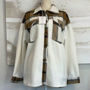 Plaid Brushed Flannel Shacket Sherpa Patchwork Button Down (NWT) Size Large